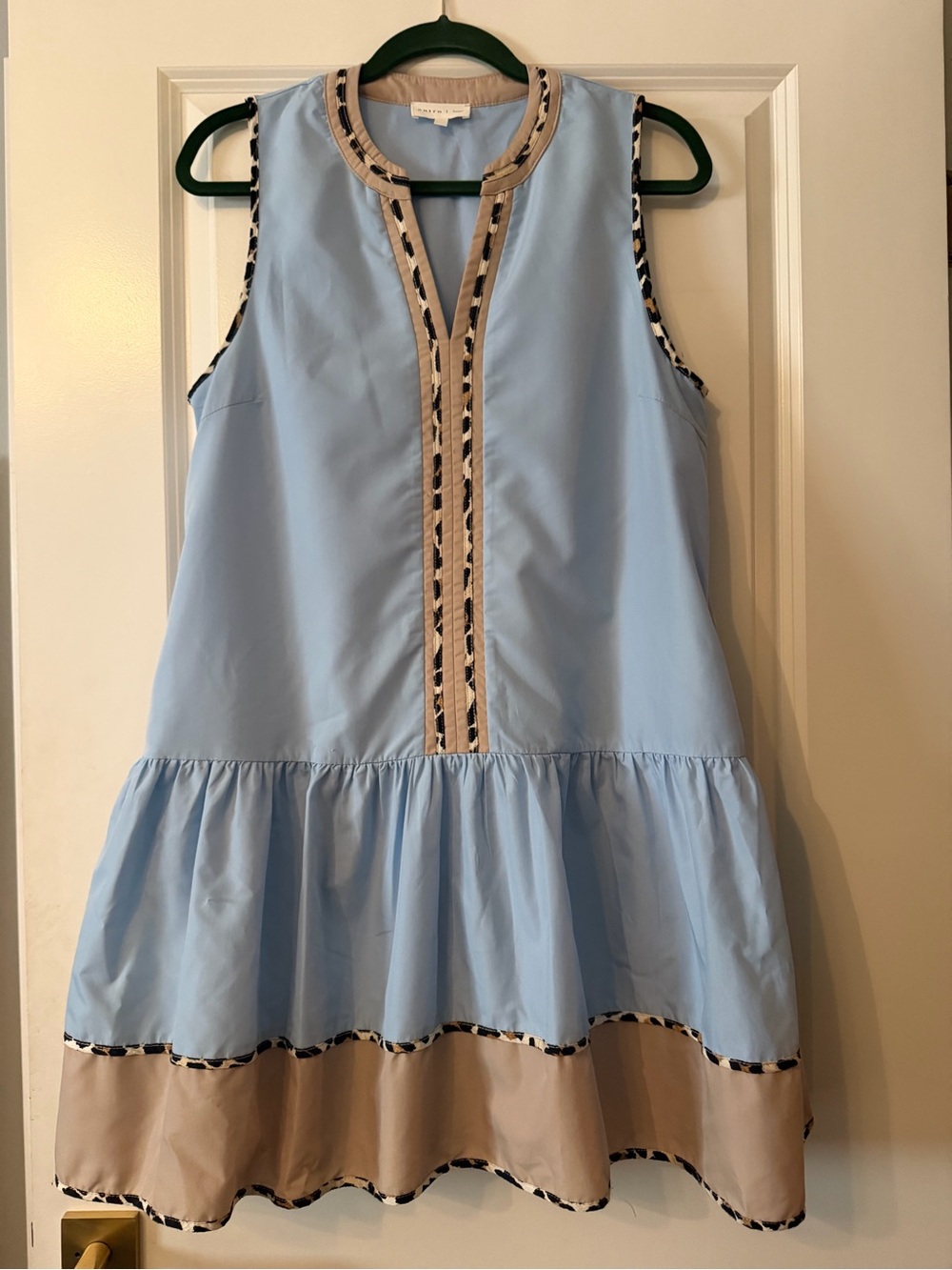entro Light Blue and Beige Ruffle-Hem Mini Dress
